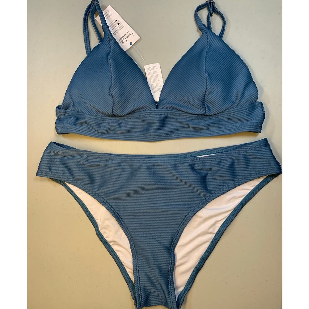 NWT Cupshe Blue Ribbed Bikini Set Size Medium Textured